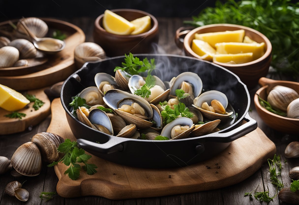 A wooden table with a variety of fresh clams, herbs, and cooking utensils. A pot of steaming water and a skillet with sizzling butter