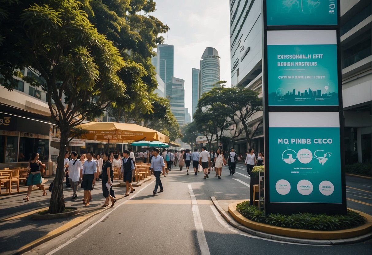 A bustling city street in Singapore with colorful banners and promotional displays for Geneco