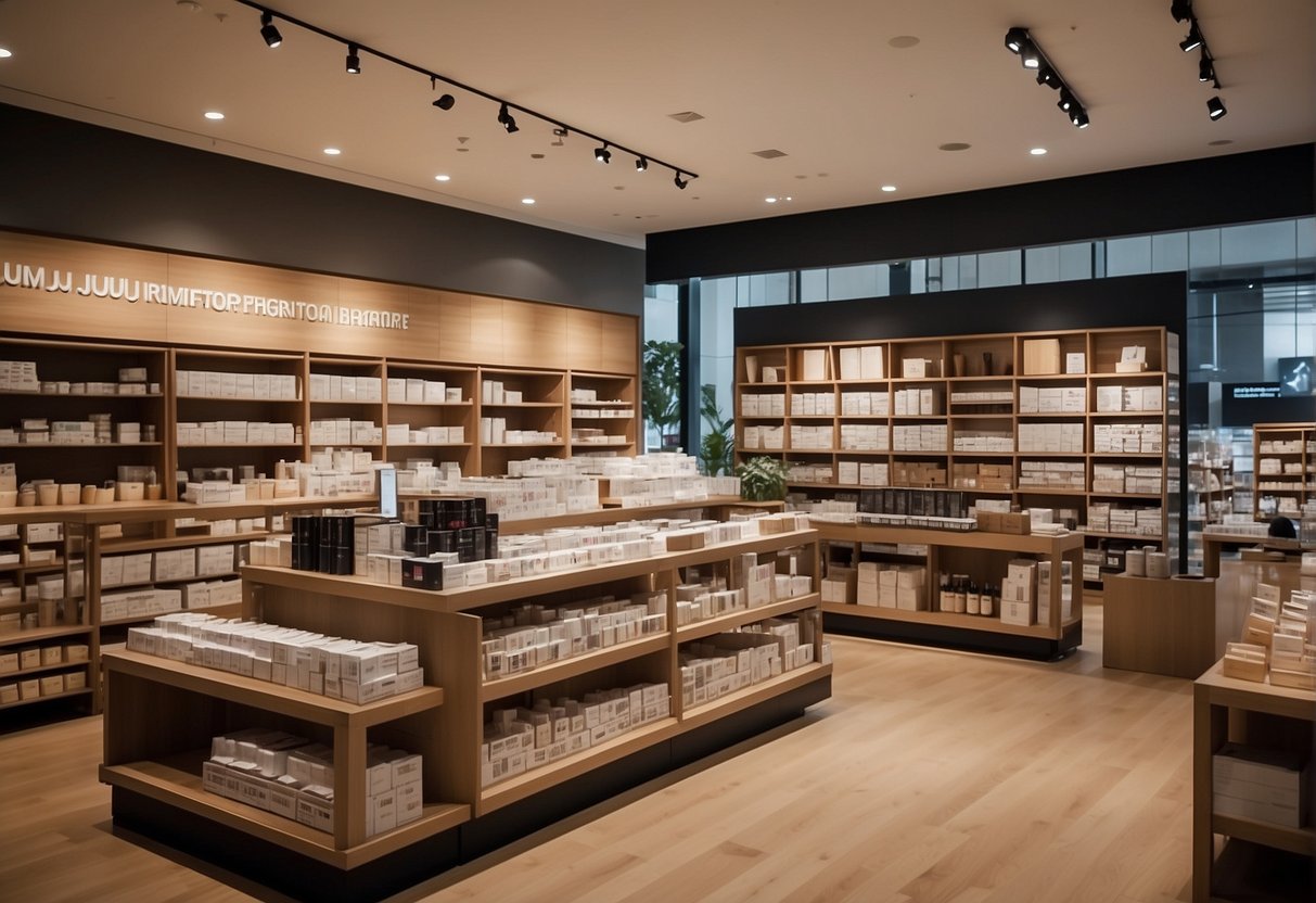 A bustling store with Muji promotions displayed in Singapore. Shelves stocked with products, customers browsing, and promotional signage visible throughout the store
