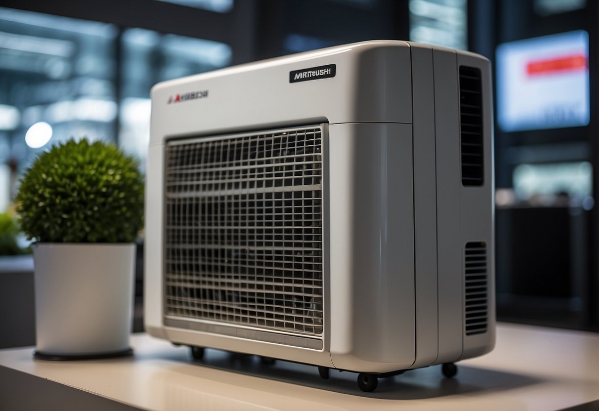 A sleek Mitsubishi air conditioner surrounded by the latest technology gadgets, with promotional signage for Singapore