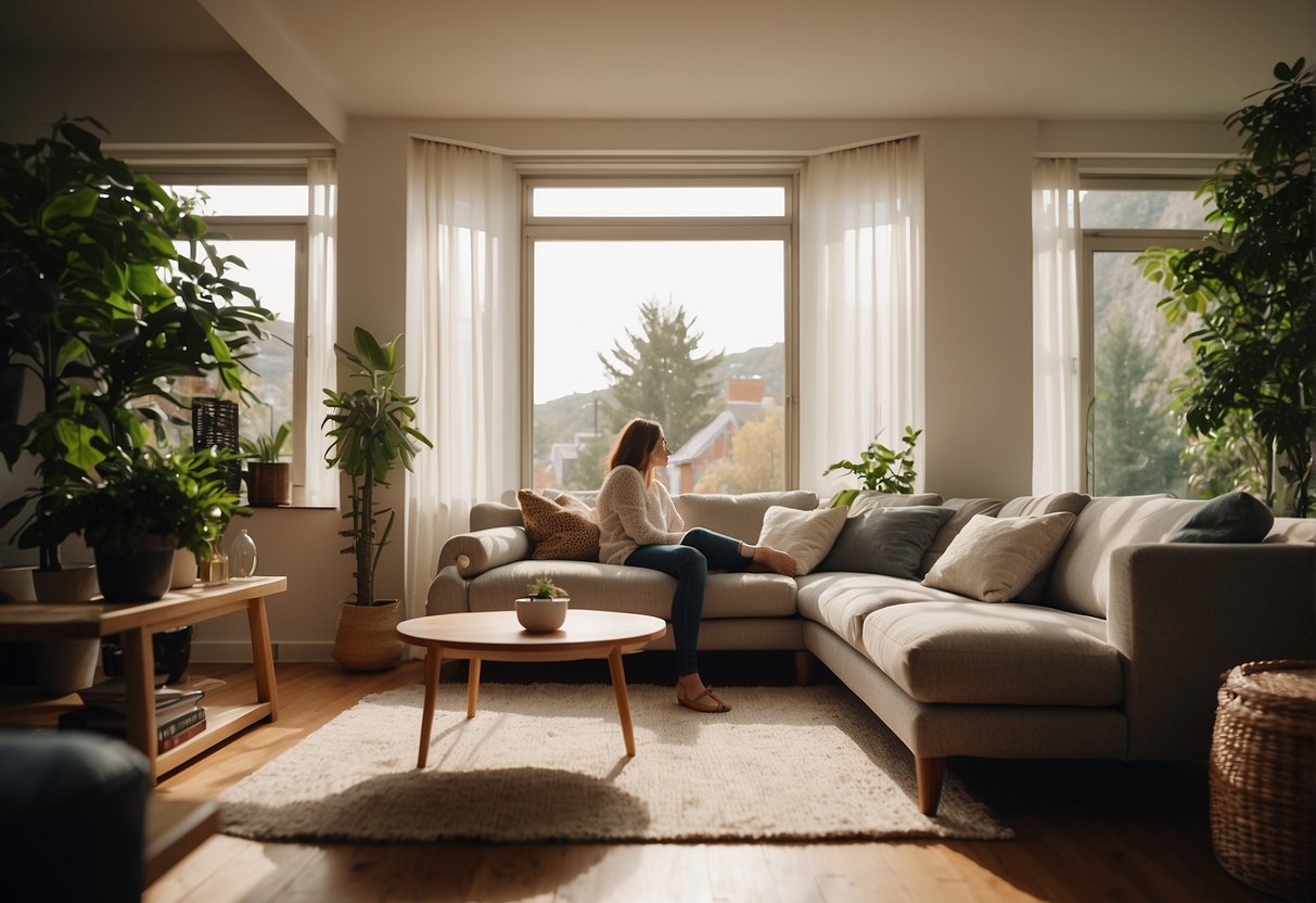 A cozy living room with a person using a Zeiss lens to capture a beautiful, well-lit scene. Comfortable seating and clear, bright lighting create an inviting atmosphere