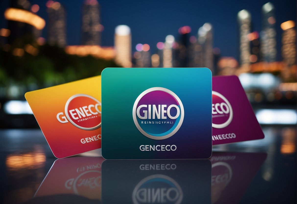 A colorful display of promotional cards with the Geneco logo, set against a modern Singapore backdrop