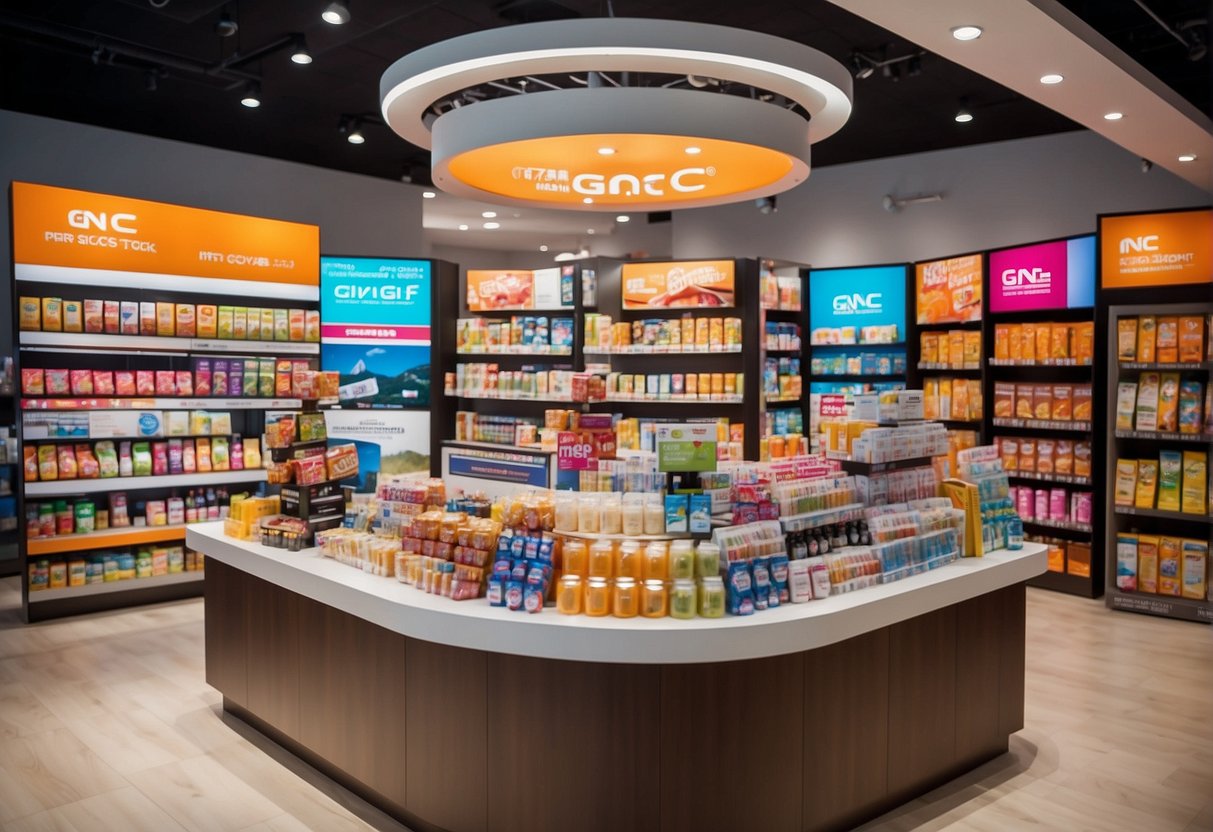 Vibrant GNC promotions in Singapore, featuring colorful displays and enthusiastic customers exploring the latest health and wellness products