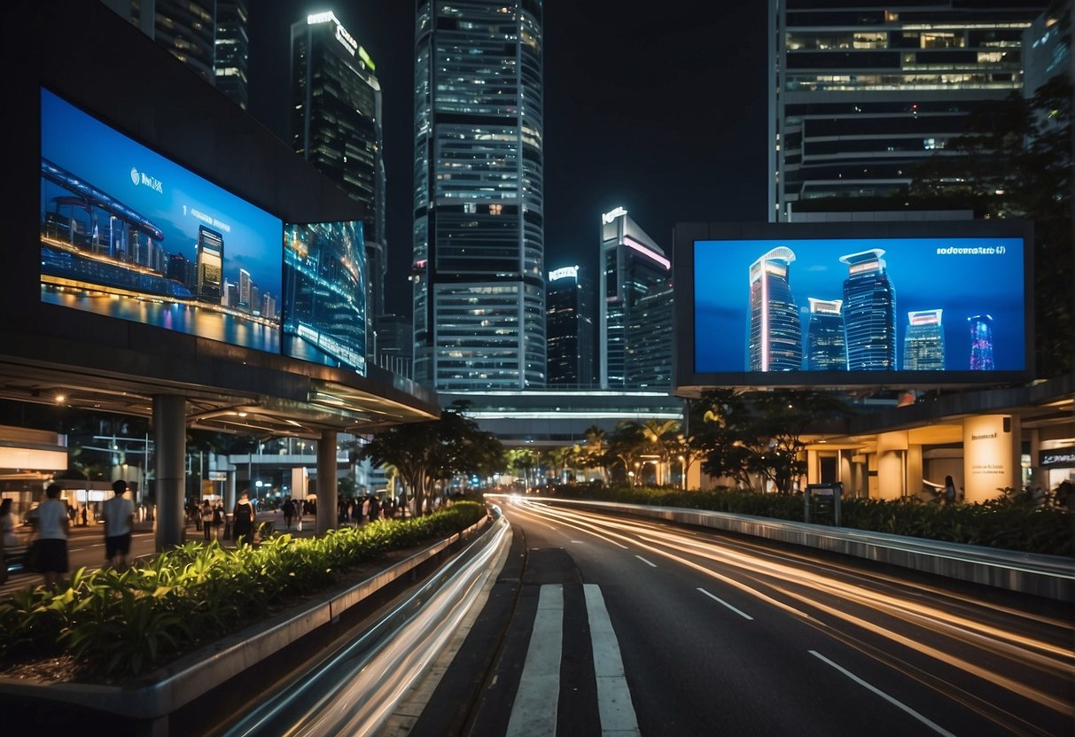 A vibrant cityscape of Singapore with NeoStrata promotions displayed on billboards and digital screens, surrounded by bustling streets and modern architecture