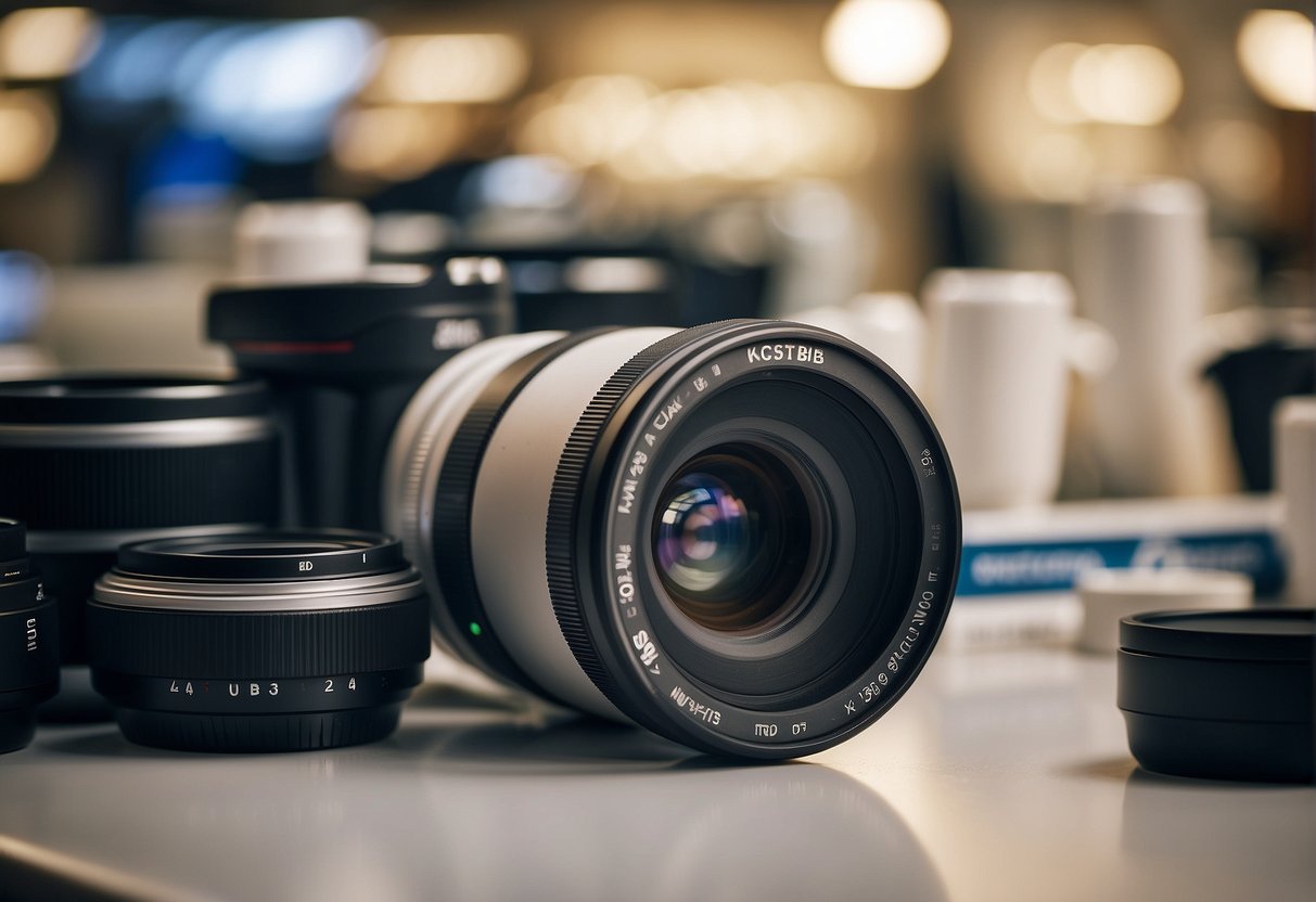 A Zeiss lens surrounded by promotional materials in a Singaporean store