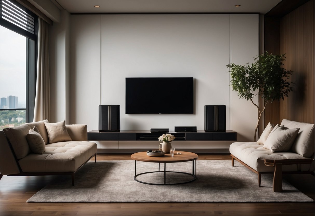 A sleek, modern living room with a wall-mounted Mitsubishi air conditioner and a state-of-the-art home entertainment system on sale in Singapore