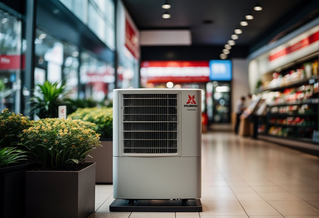 A Mitsubishi air conditioning unit displayed with promotional signage in a Singaporean storefront