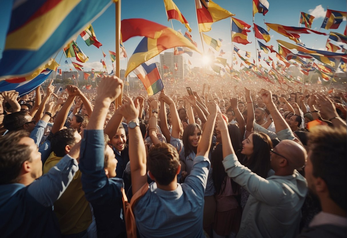 People from different countries celebrating, holding flags and dancing in front of a large "Global Celebrations" banner