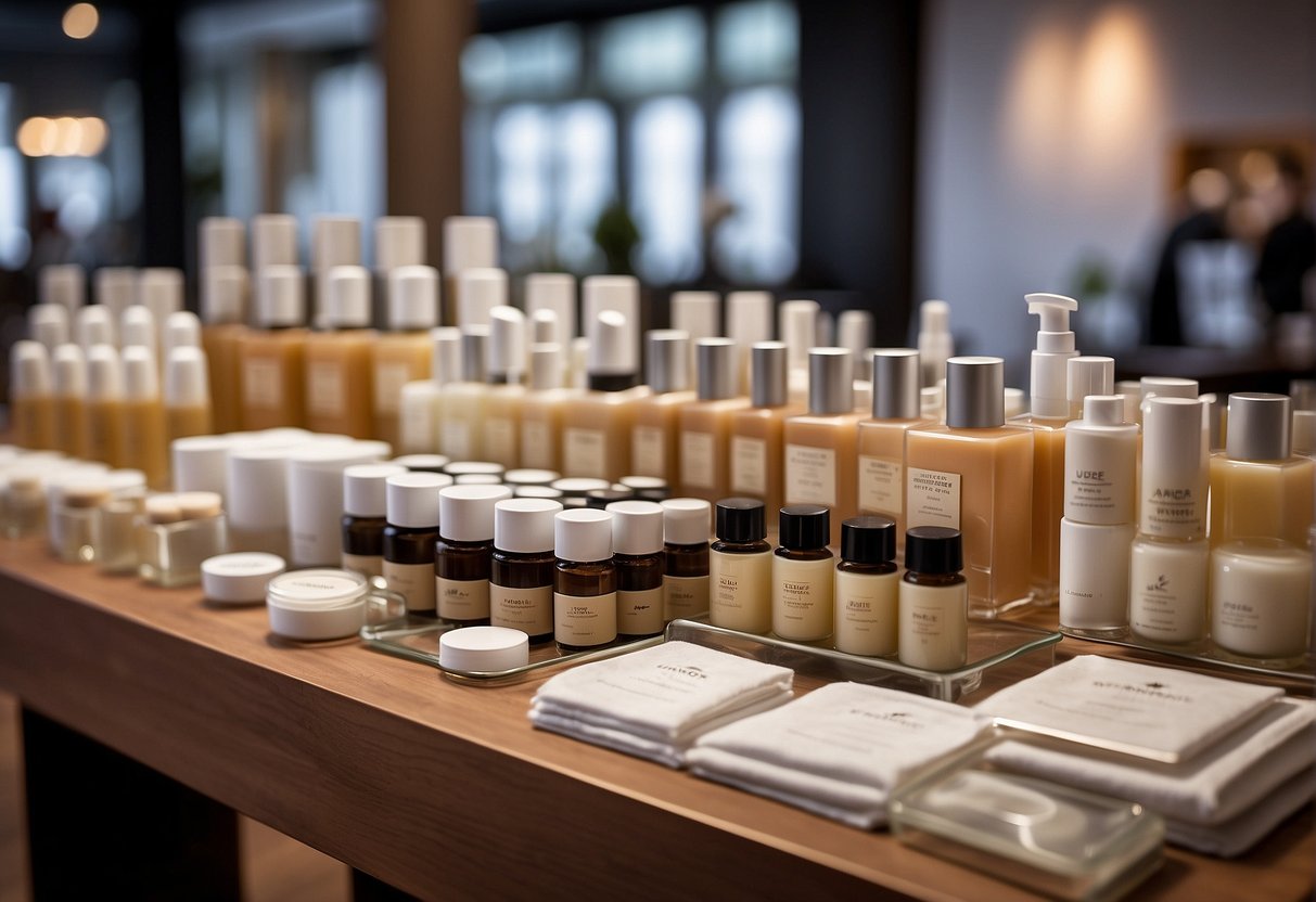 A table filled with skincare products, a banner with "Promotions" displayed, and happy customers receiving free samples