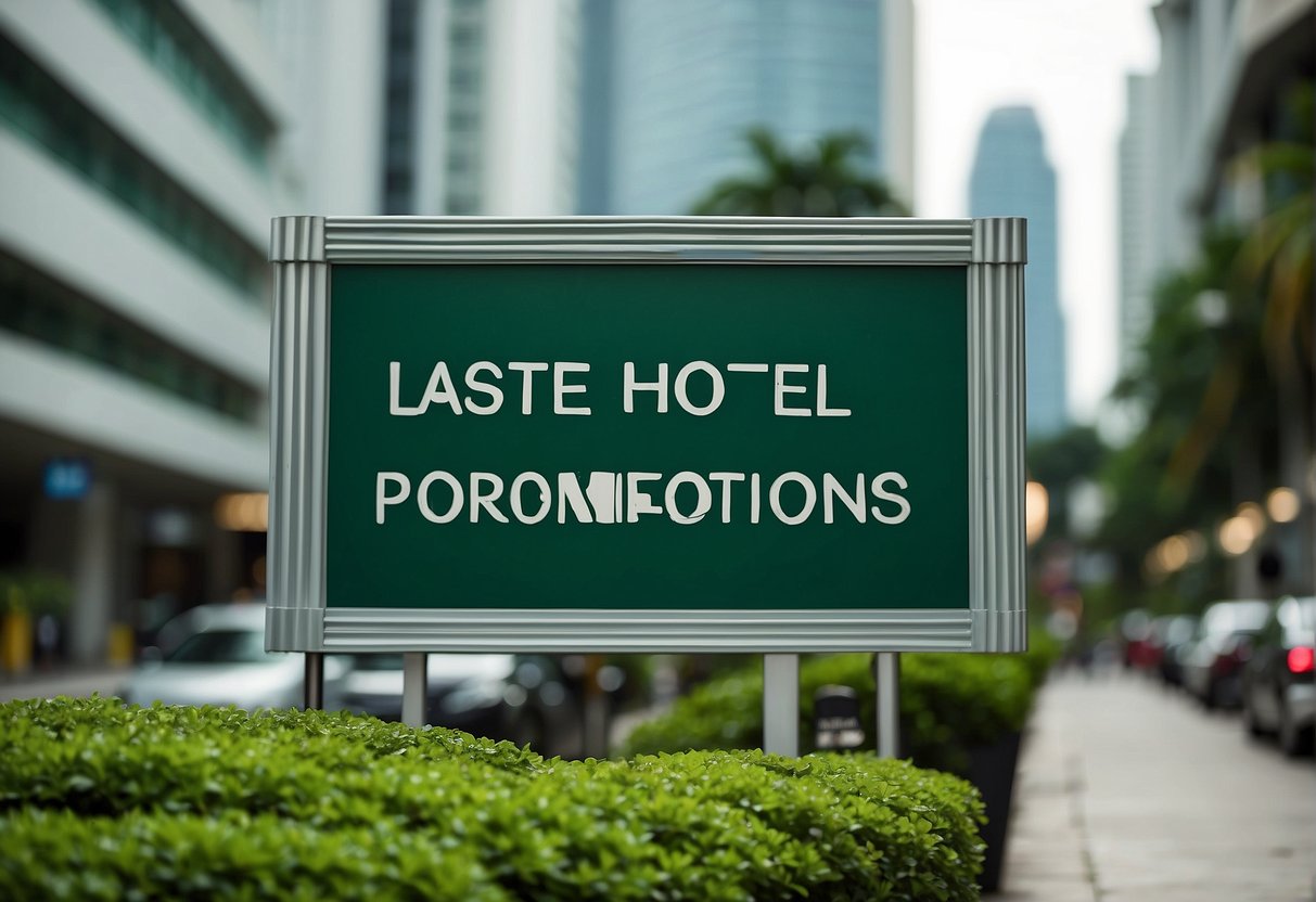 The vibrant green and white signage of "Latest Hotel Promotions" stands out against the backdrop of the bustling city of Greenwich, Singapore