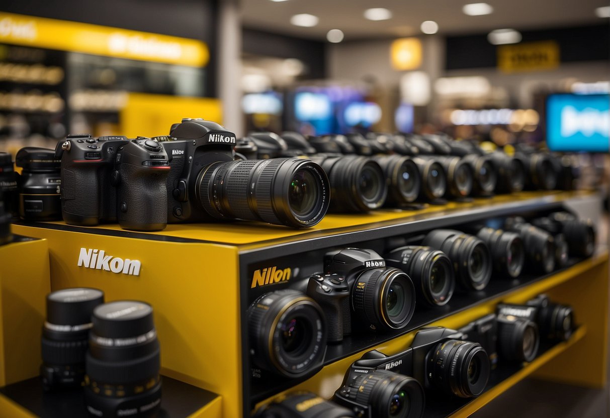 A vibrant display of Nikon cameras and lenses at a bustling electronics store in Singapore. Bright signage and promotional materials catch the eye of passing shoppers
