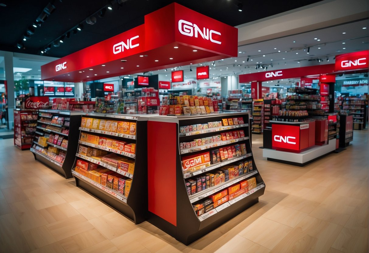A vibrant display of GNC promotions in Singapore, featuring eye-catching signage and product showcases