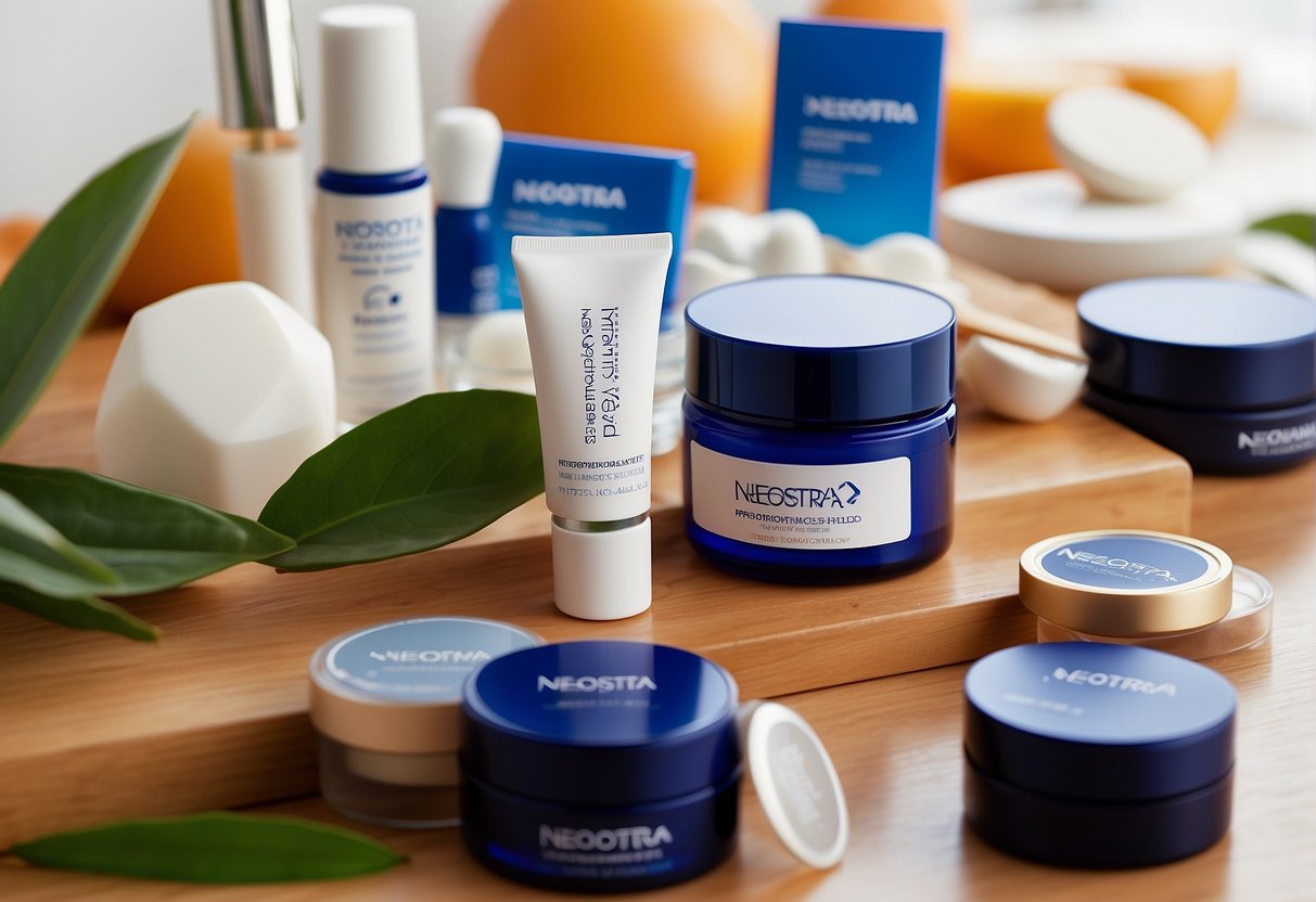 A stack of promotional materials for Neostrata in a Singapore setting, with the brand logo and various product images displayed prominently
