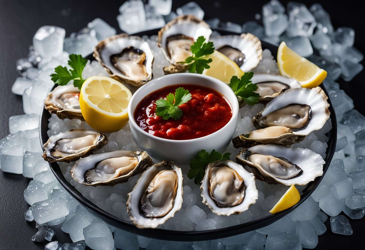 A small dish of cocktail sauce sits beside a plate of fresh oysters on a bed of ice, with a lemon wedge and parsley garnish