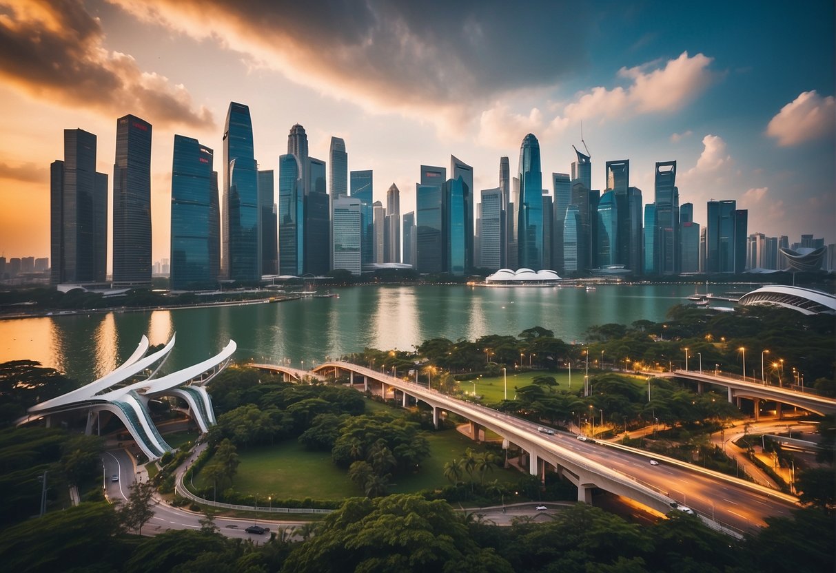 A vibrant cityscape with iconic landmarks and a bold "Exciting Travel Discounts" sign against a backdrop of the Singapore skyline