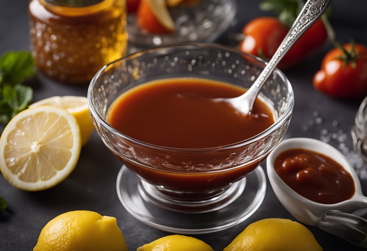 A glass bowl filled with ketchup, horseradish, lemon juice, Worcestershire sauce, and hot sauce, being mixed together with a spoon