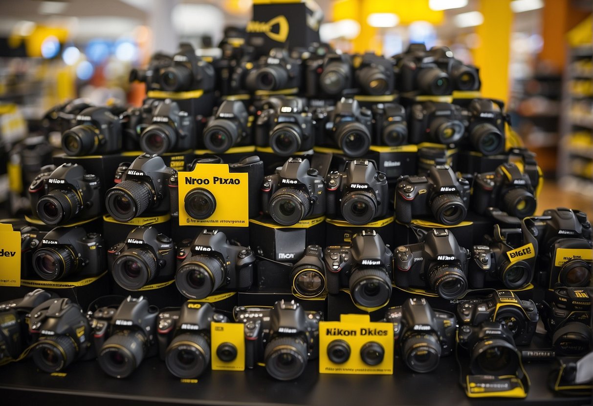 A vibrant display of Nikon cameras and lenses with promotional signs in a bustling Singapore electronics store