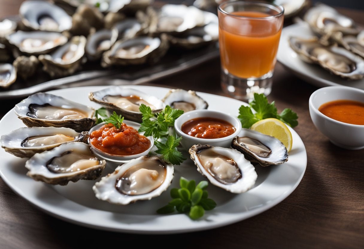 A small dish of cocktail sauce sits next to a plate of fresh oysters, ready to be paired with the succulent seafood