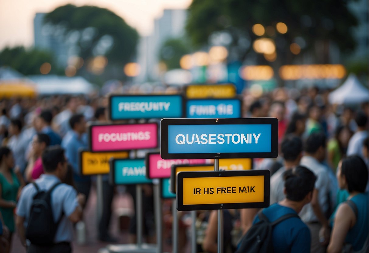 A vibrant display of "Frequently Asked Questions" signs at a bustling promotional event in Greenwich, Singapore