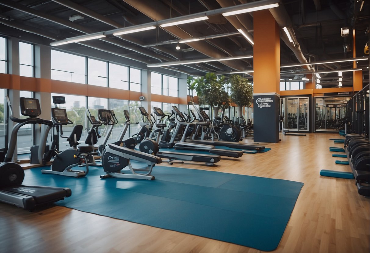 A vibrant gym with promotional banners, fitness equipment, and people engaging in various workouts