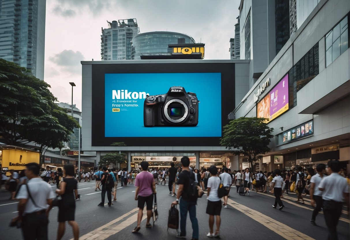 A crowded city street with a large billboard showcasing Nikon promotions in Singapore, surrounded by bustling shops and people