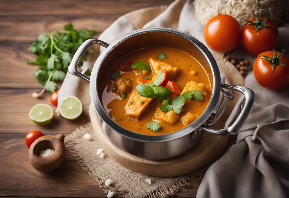 A pot simmering with cod fish curry, surrounded by spices, tomatoes, and coconut milk