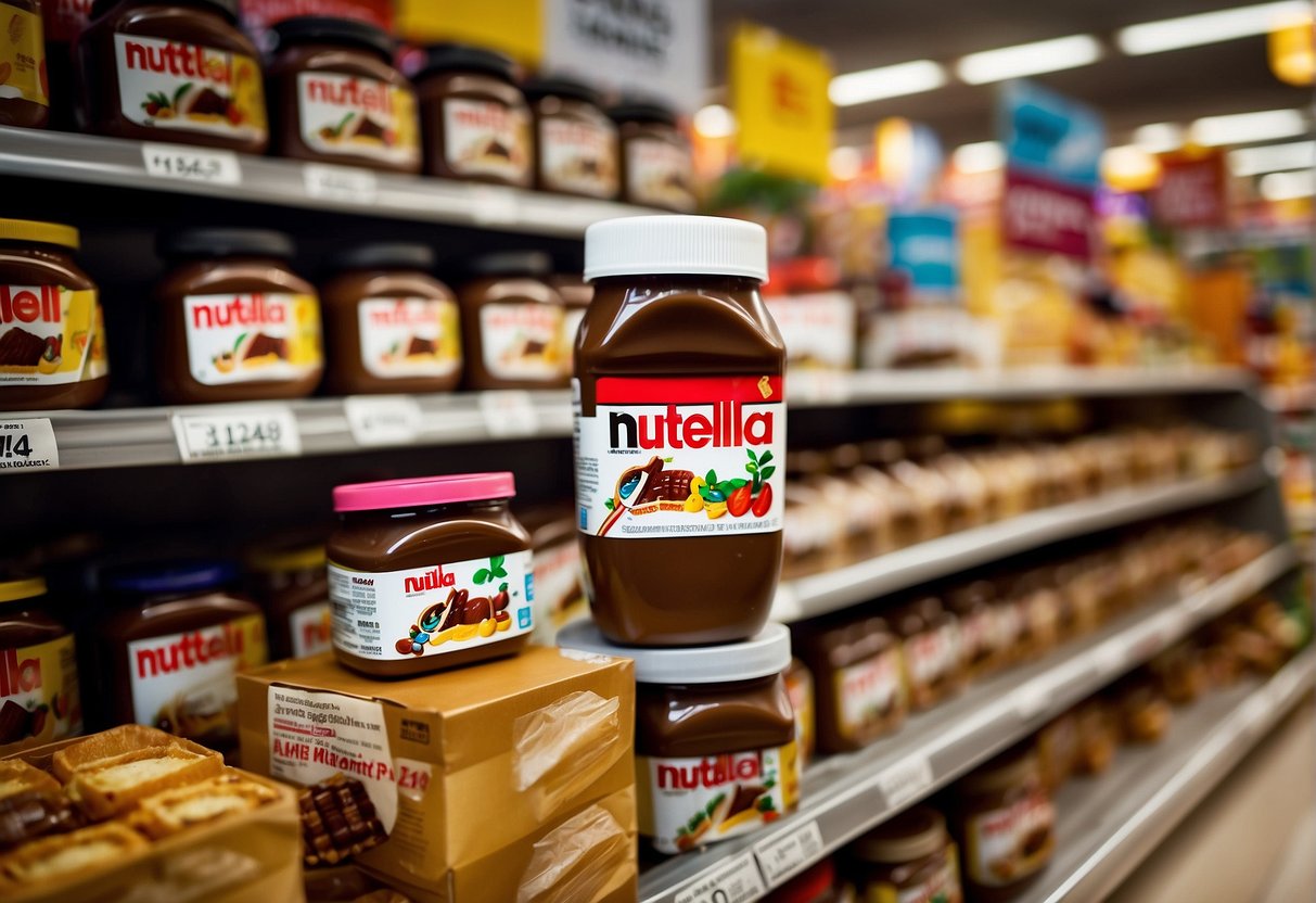 A jar of Nutella sits on a table surrounded by colorful promotional signs and banners in a bustling Singapore grocery store
