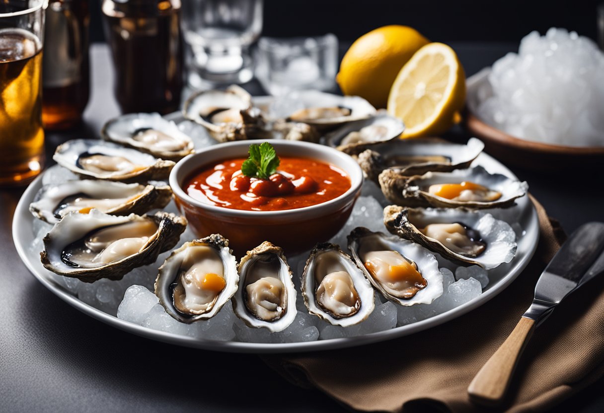 A small dish of tangy cocktail sauce sits beside a plate of fresh oysters on a bed of ice, ready to be enjoyed