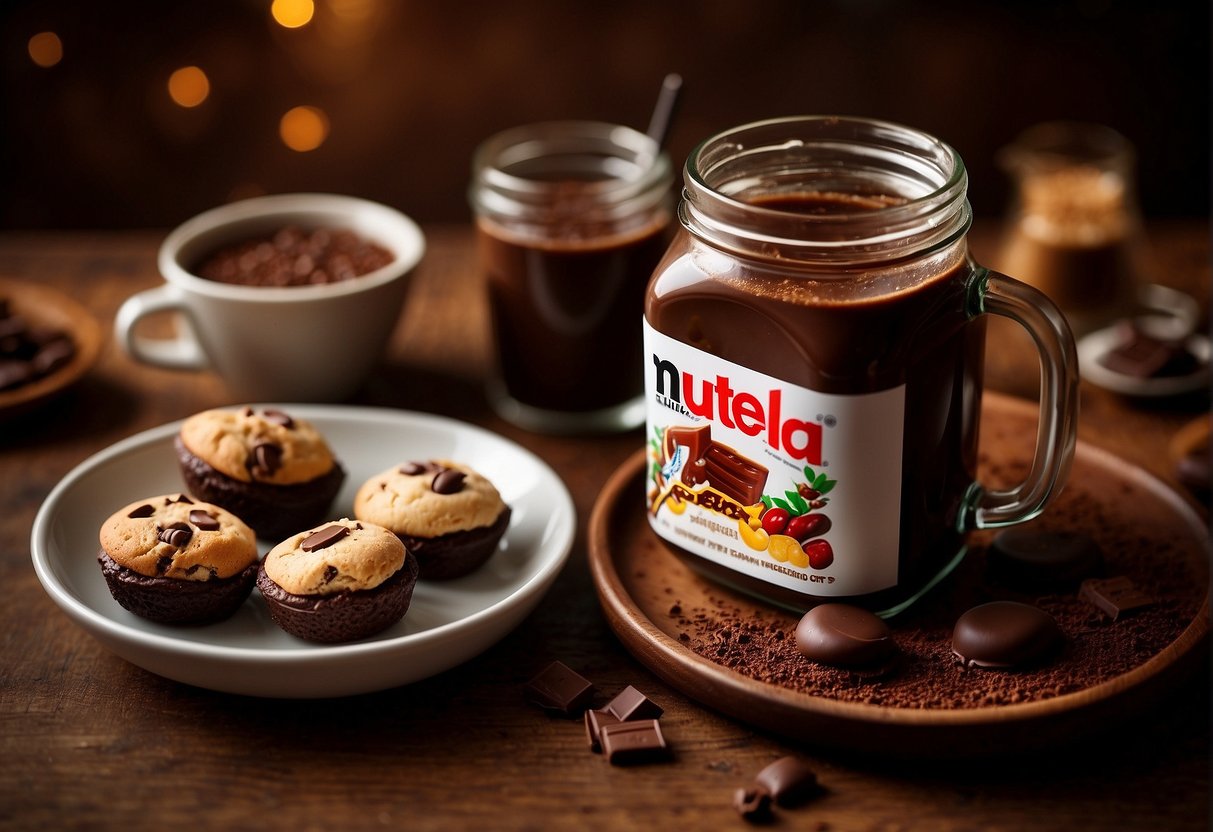 A table with a steaming cup of coffee and a jar of Nutella next to a plate of chocolate treats, with promotional signs in the background
