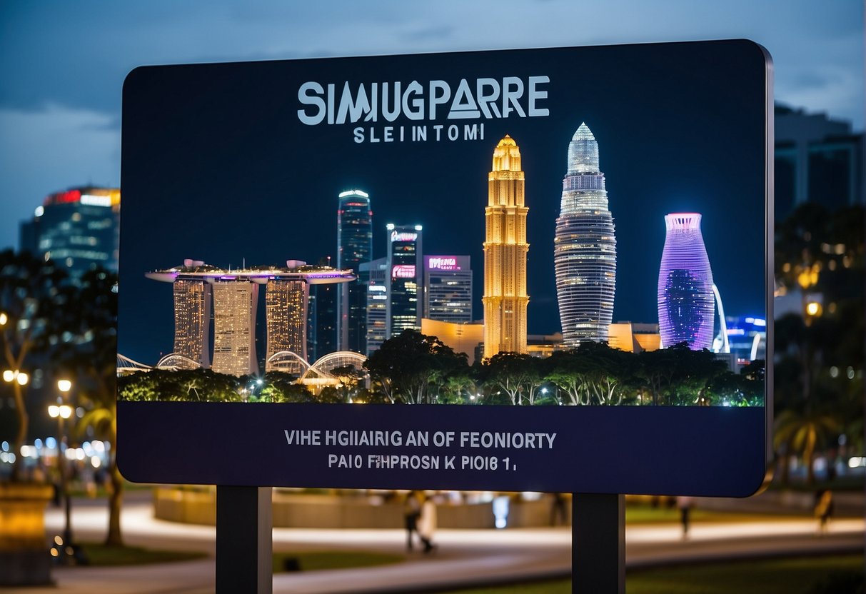 A vibrant cityscape of Singapore with a prominent Mind Museum promo sign illuminated against the night sky