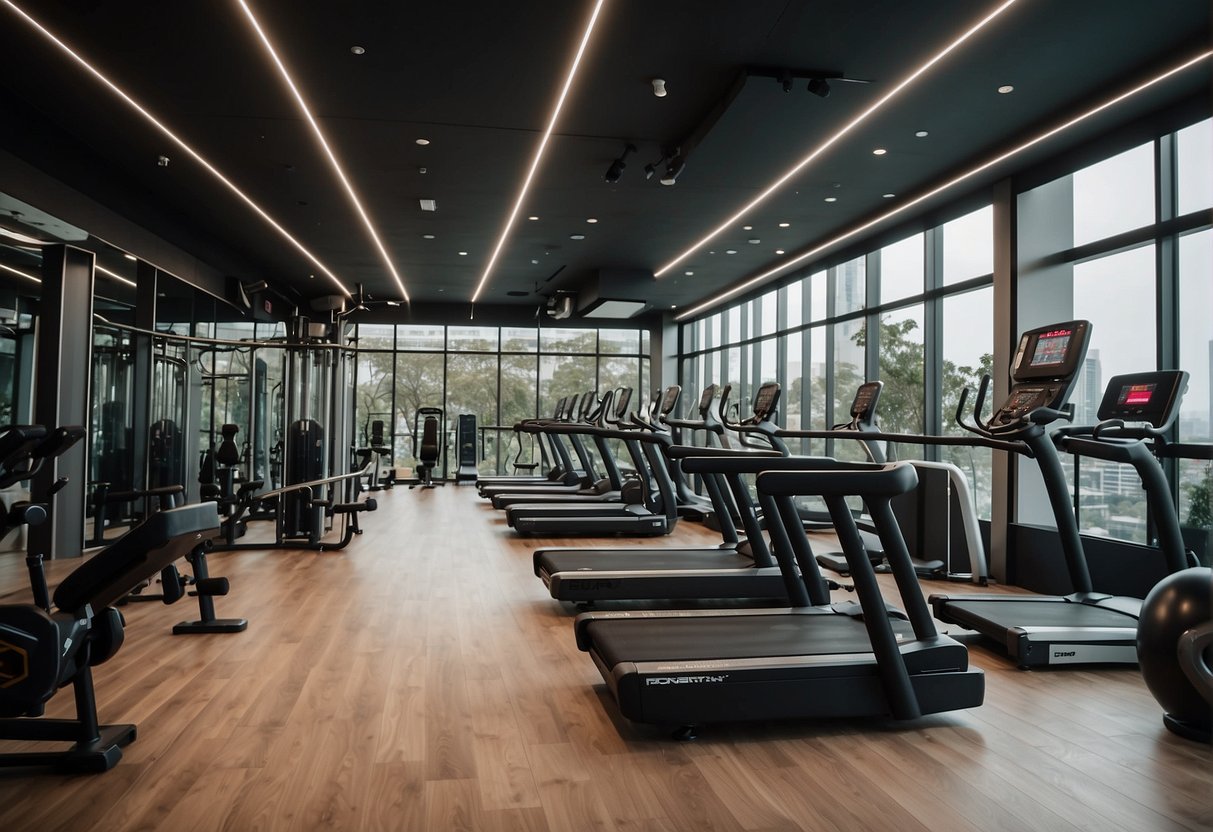 A sleek, modern gym interior with bold signage promoting exclusive 2024 fitness promotions in Singapore. Bright lights and clean equipment add to the inviting atmosphere