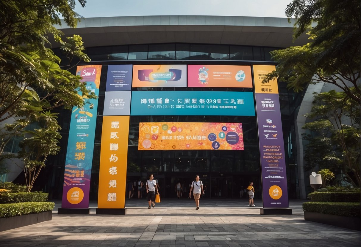 A vibrant display of colorful promotional banners and signs at the entrance of the Mind Museum in Singapore