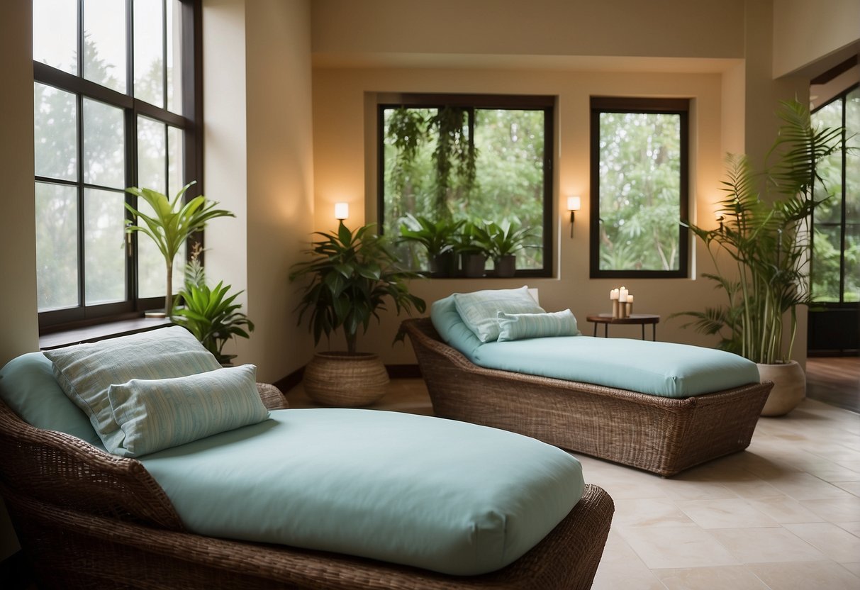 A serene spa room with soothing colors, soft lighting, and comfortable seating. A peaceful atmosphere with plants and calming decor for wellness and relaxation