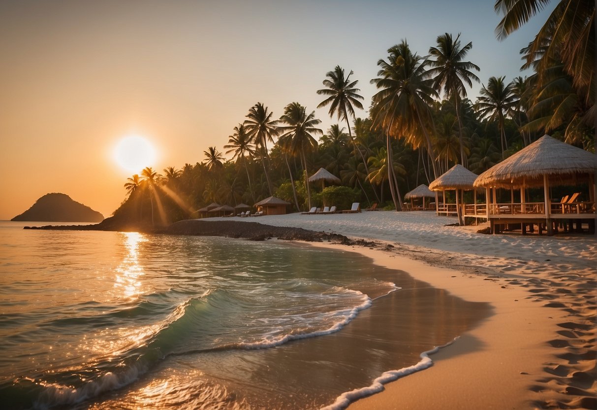The sun sets over Montigo Resorts Nongsa, casting a warm glow on the white sandy beach and crystal-clear waters. Palm trees sway gently in the breeze as the sound of waves lapping against the shore fills the air