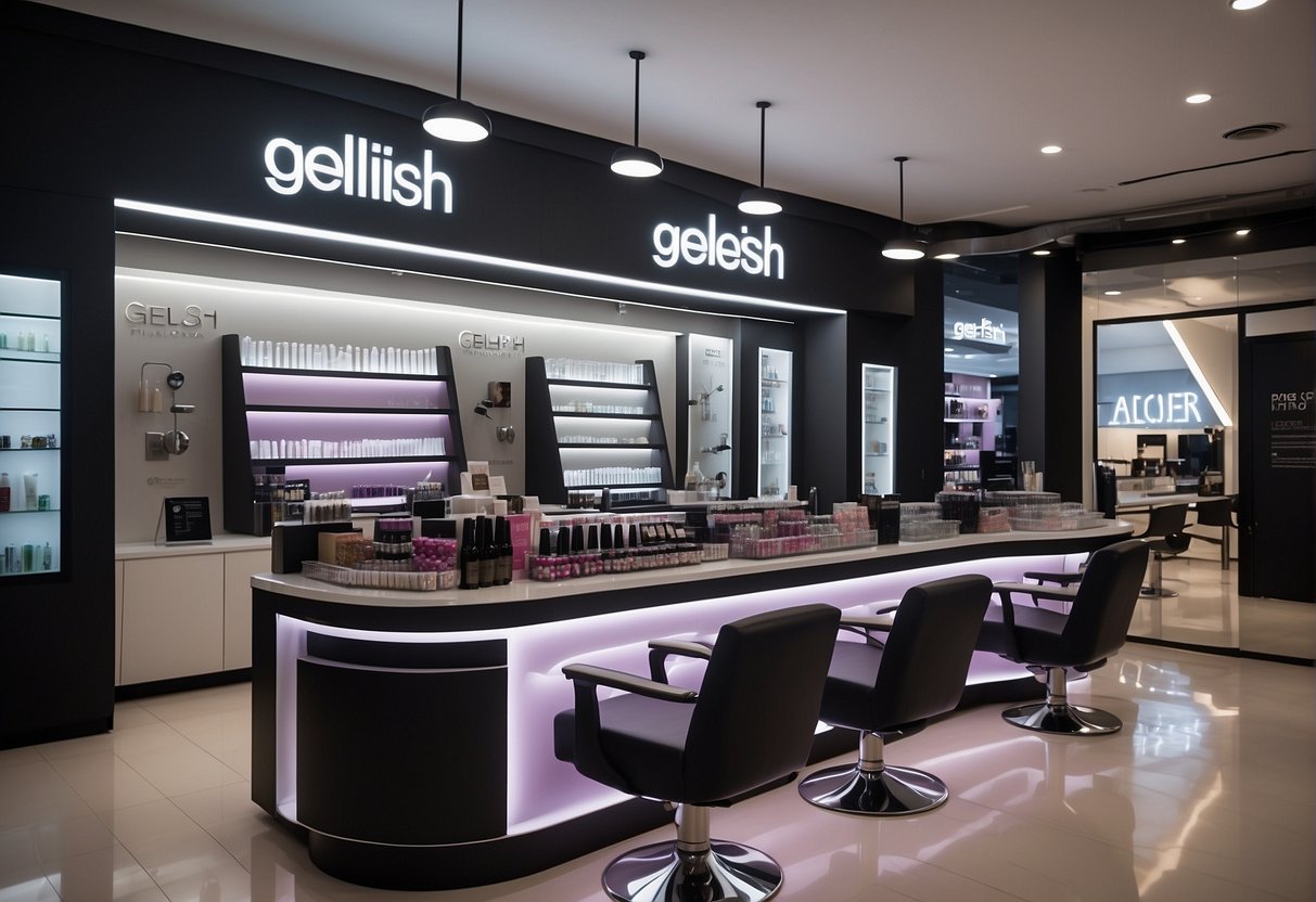 A salon display featuring Gelish manicure promotion signage in Singapore