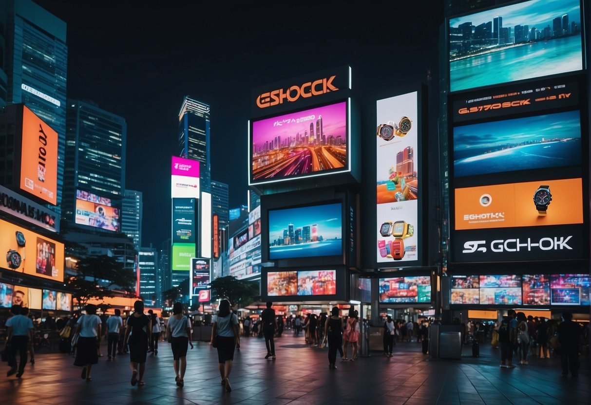 A vibrant cityscape with illuminated billboards showcasing G Shock promotions in Singapore