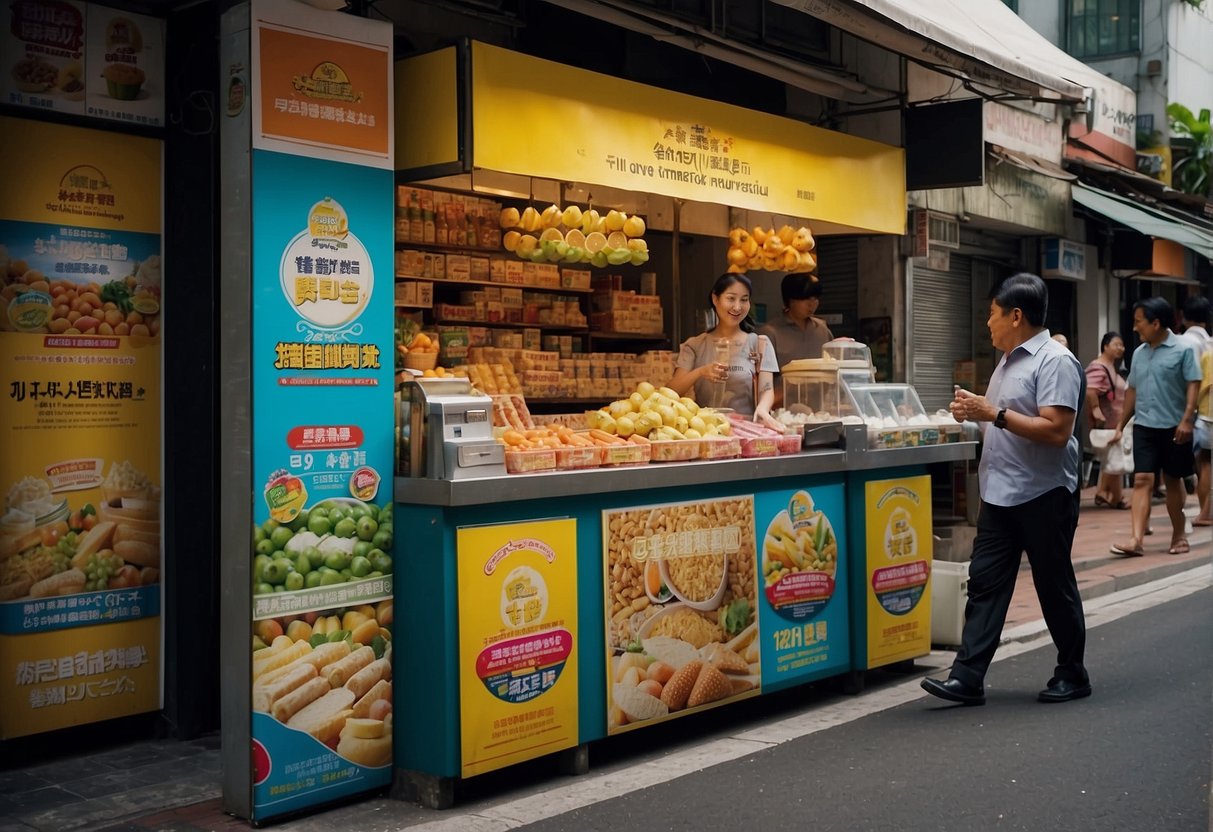 A bustling street in Singapore with colorful banners and signs promoting Glucerna products. Pedestrians pass by, while a vendor enthusiastically promotes the benefits of the nutritional drink