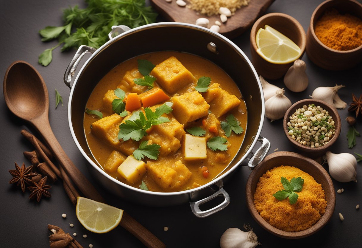A pot of bubbling curry with chunks of cod, surrounded by colorful spices and herbs. A serving spoon rests on the side, ready to dish out the fragrant meal