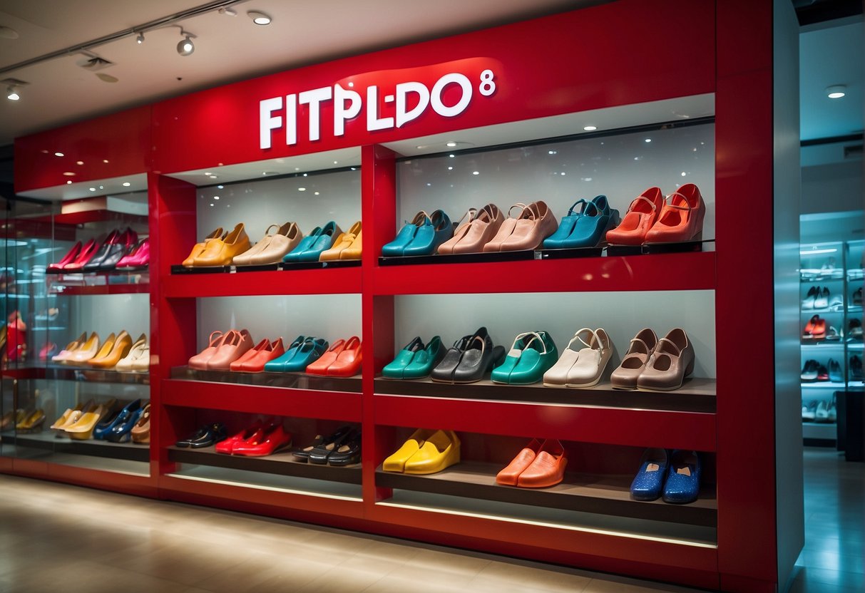 A vibrant display of FitFlop promotions in a bustling Singapore storefront. Brightly colored shoes and signs catch the eye, drawing in potential customers