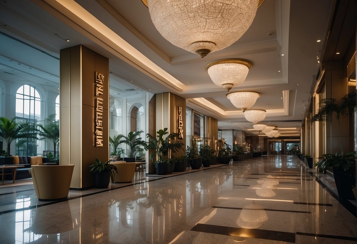 A luxurious 5-star hotel in Singapore with promotional banners and signs displayed prominently throughout the elegant lobby and exterior