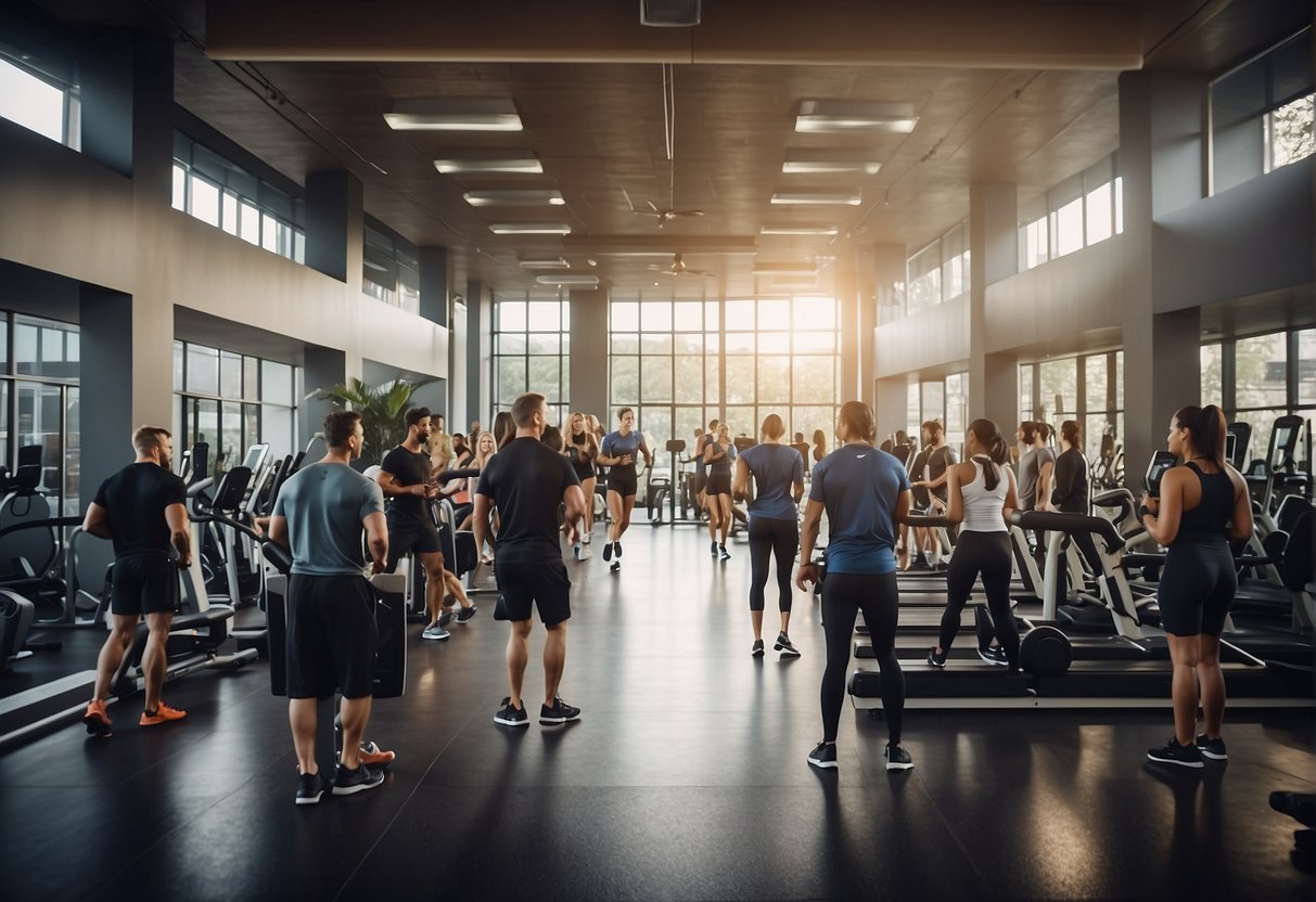 A busy gym with people signing up for promotions, staff answering questions, and promotional materials displayed prominently
