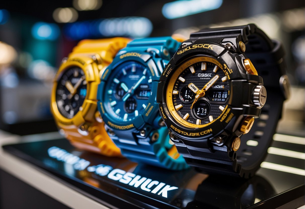A vibrant display of G-Shock watches and promotional materials at a Singaporean retail store