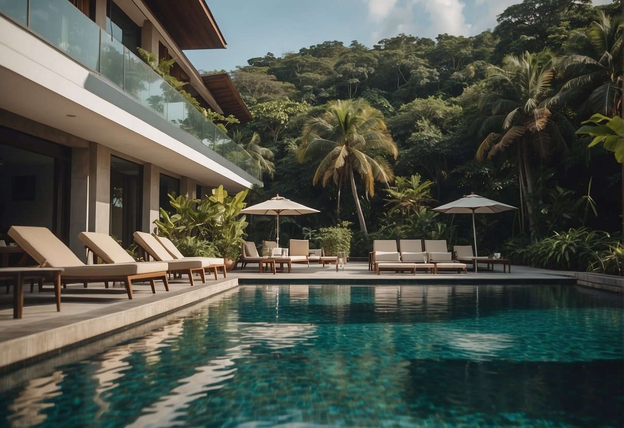 Guests lounge by the pool, surrounded by lush greenery and serene waters, while others embark on thrilling outdoor activities at Montigo Resort Batam