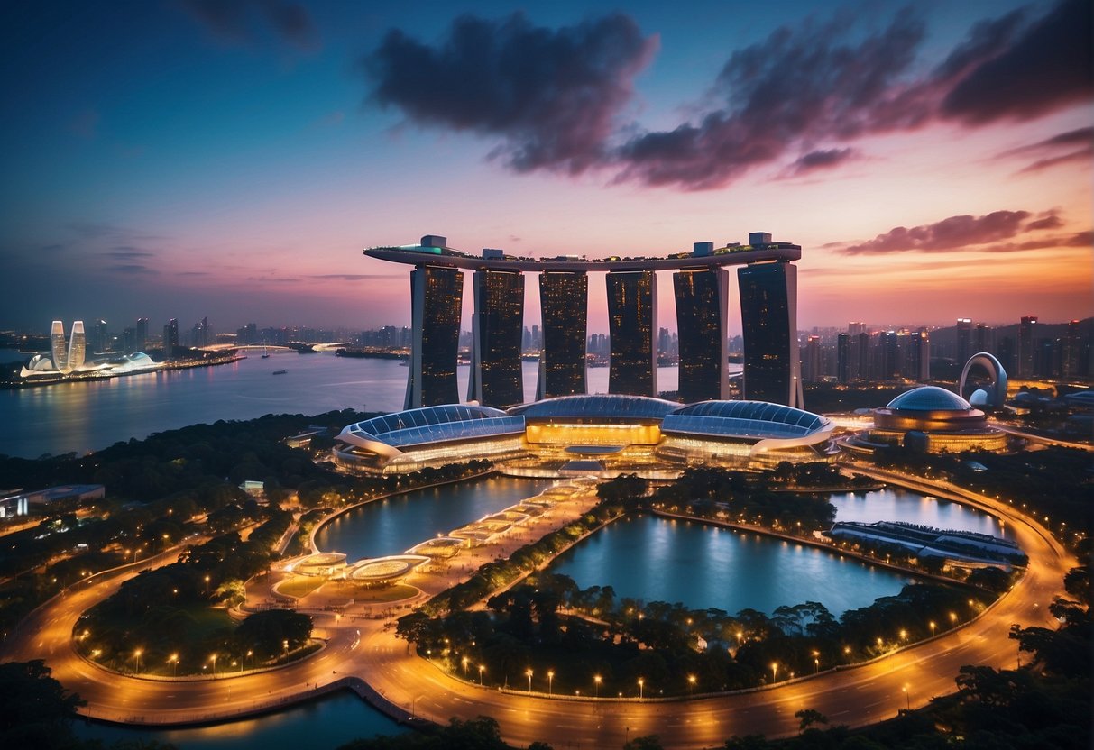 A vibrant cityscape with iconic landmarks and colorful sky in Singapore