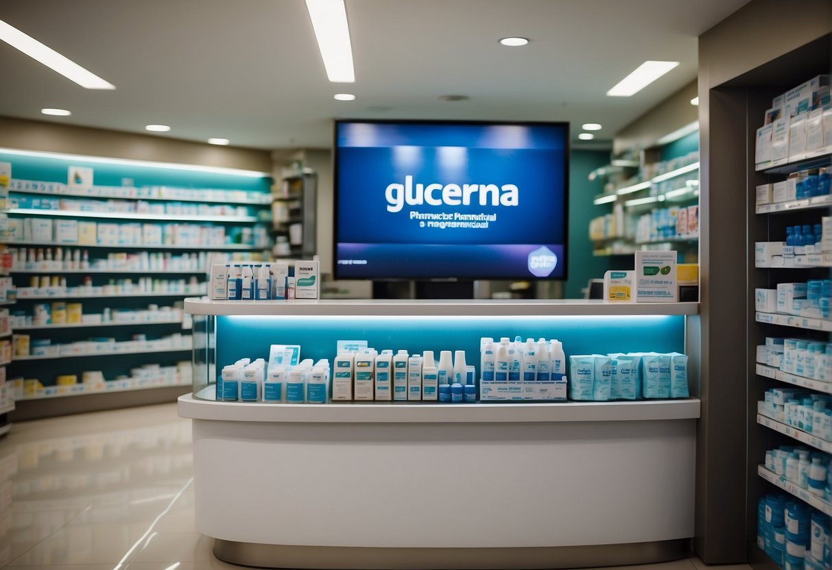 A display of Glucerna pharmaceutical products with promotional signage in a Singaporean pharmacy