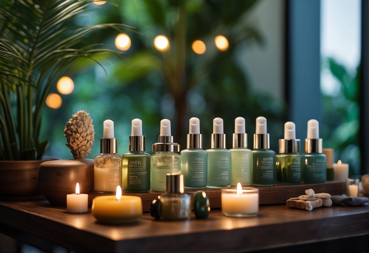 A serene spa setting with colorful gelish manicure products on display, adorned with promotional signs and surrounded by lush greenery in Singapore