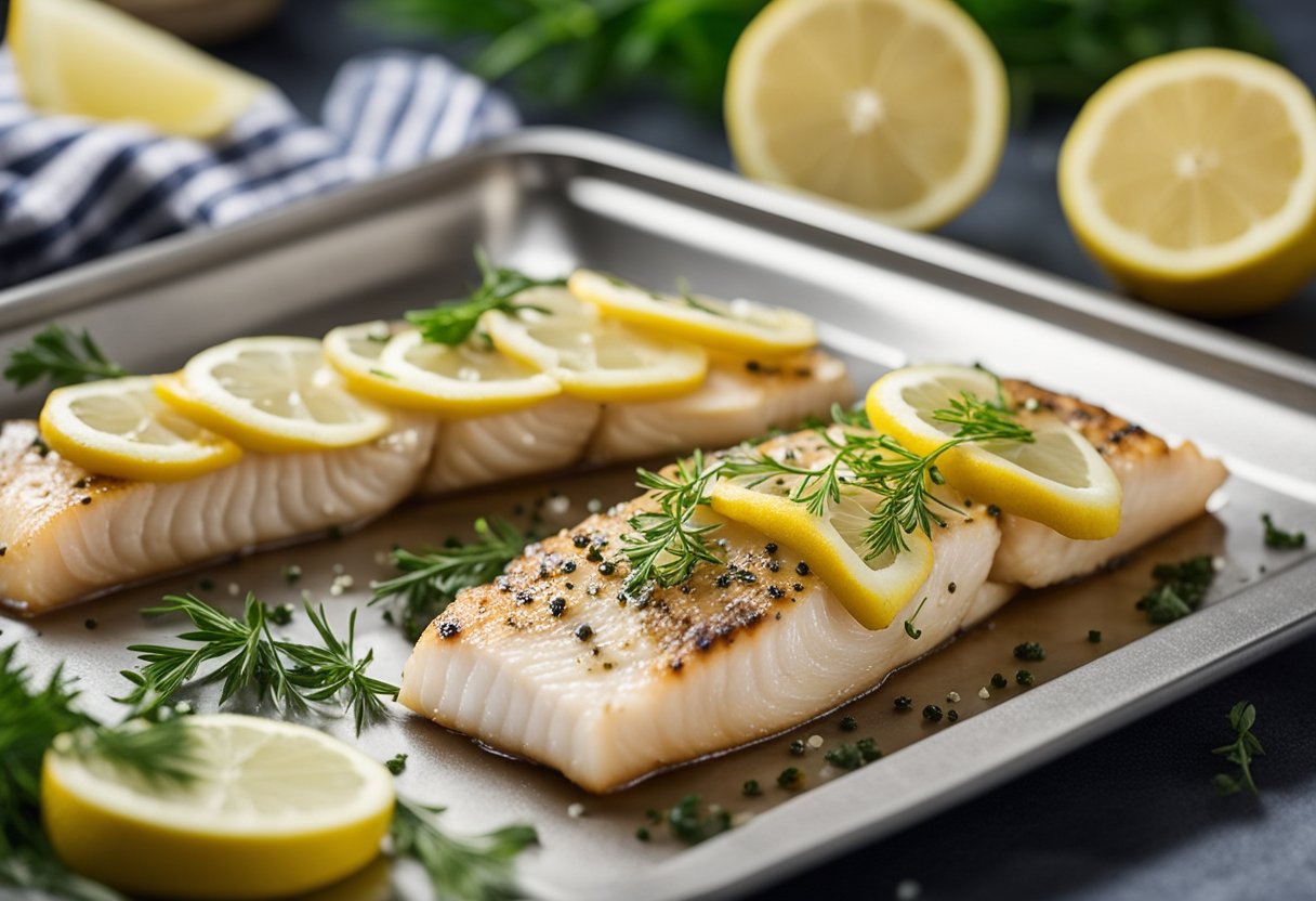 A cod fish fillet is seasoned with salt, pepper, and herbs. It is then placed on a baking tray with lemon slices and roasted in the oven