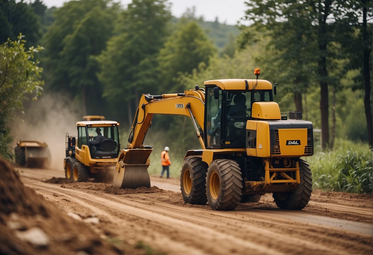 A rural road being repaired with heavy machinery and workers