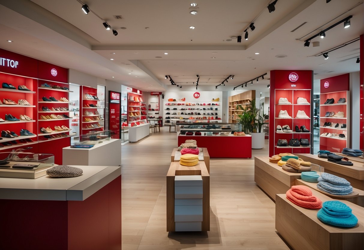 FitFlop Singapore store with vibrant promotional displays and signage, showcasing exclusive deals and offers. Bright and inviting atmosphere with a focus on the latest promotions