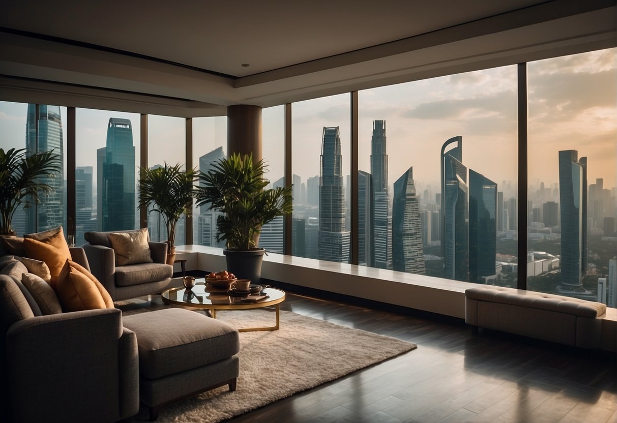 A luxurious 5-star hotel in Singapore showcases exclusive 2024 promotions, with elegant decor, lush surroundings, and a stunning city skyline backdrop